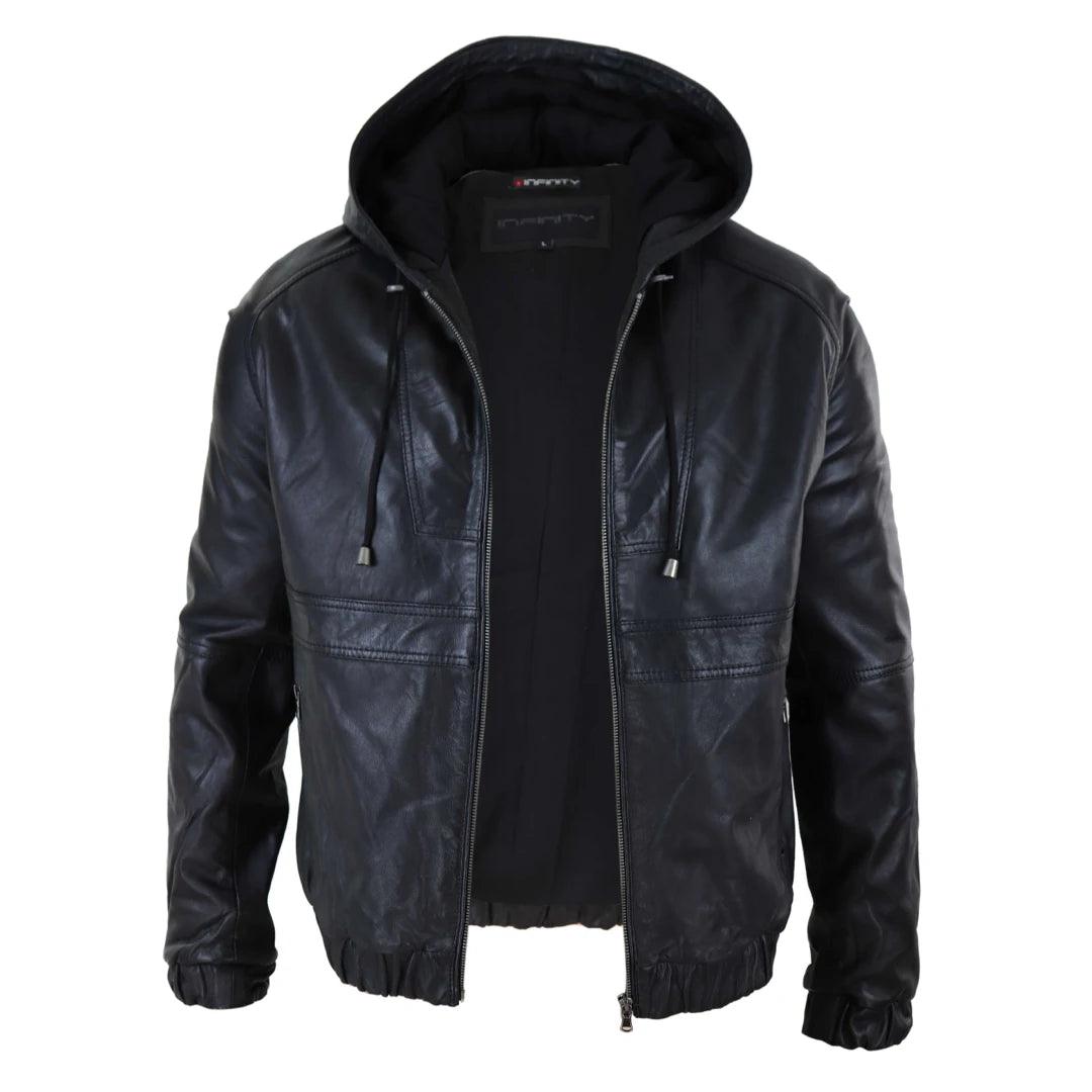 Mens Real Leather Hood Bomber Jacket Tan Brown Black Zipped Tailored Fit Casual - Knighthood Store