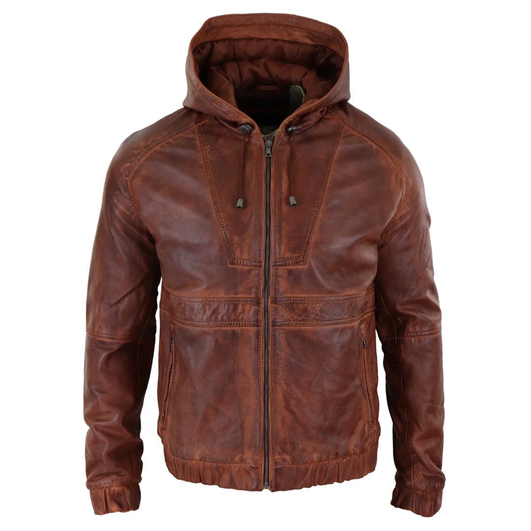 Mens Real Leather Hood Bomber Jacket Tan Brown Black Zipped Tailored Fit Casual - Knighthood Store