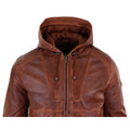 Mens Real Leather Hood Bomber Jacket Tan Brown Black Zipped Tailored Fit Casual - Knighthood Store