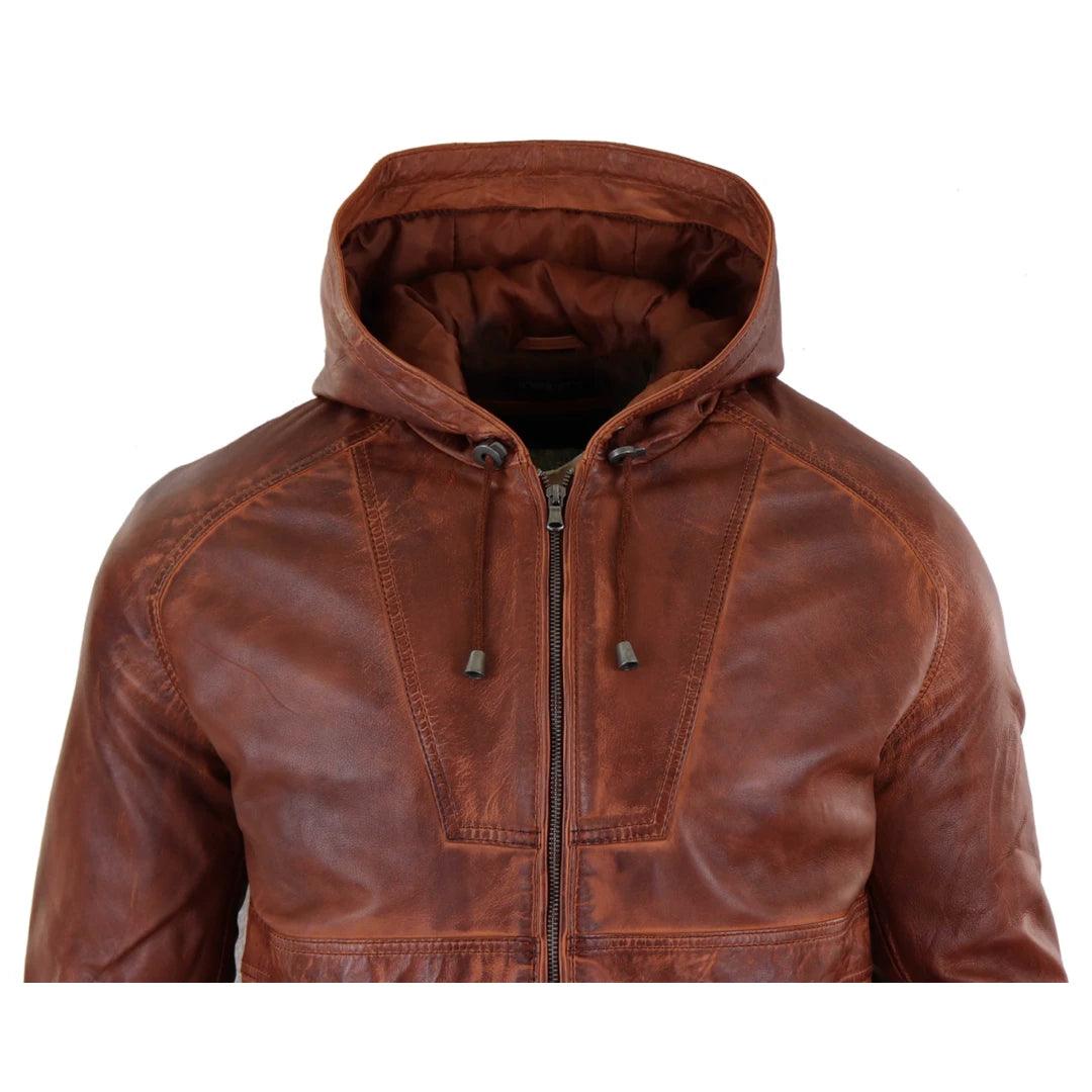 Mens Real Leather Hood Bomber Jacket Tan Brown Black Zipped Tailored Fit Casual - Knighthood Store