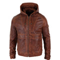 Mens Real Leather Hood Bomber Jacket Tan Brown Black Zipped Tailored Fit Casual - Knighthood Store