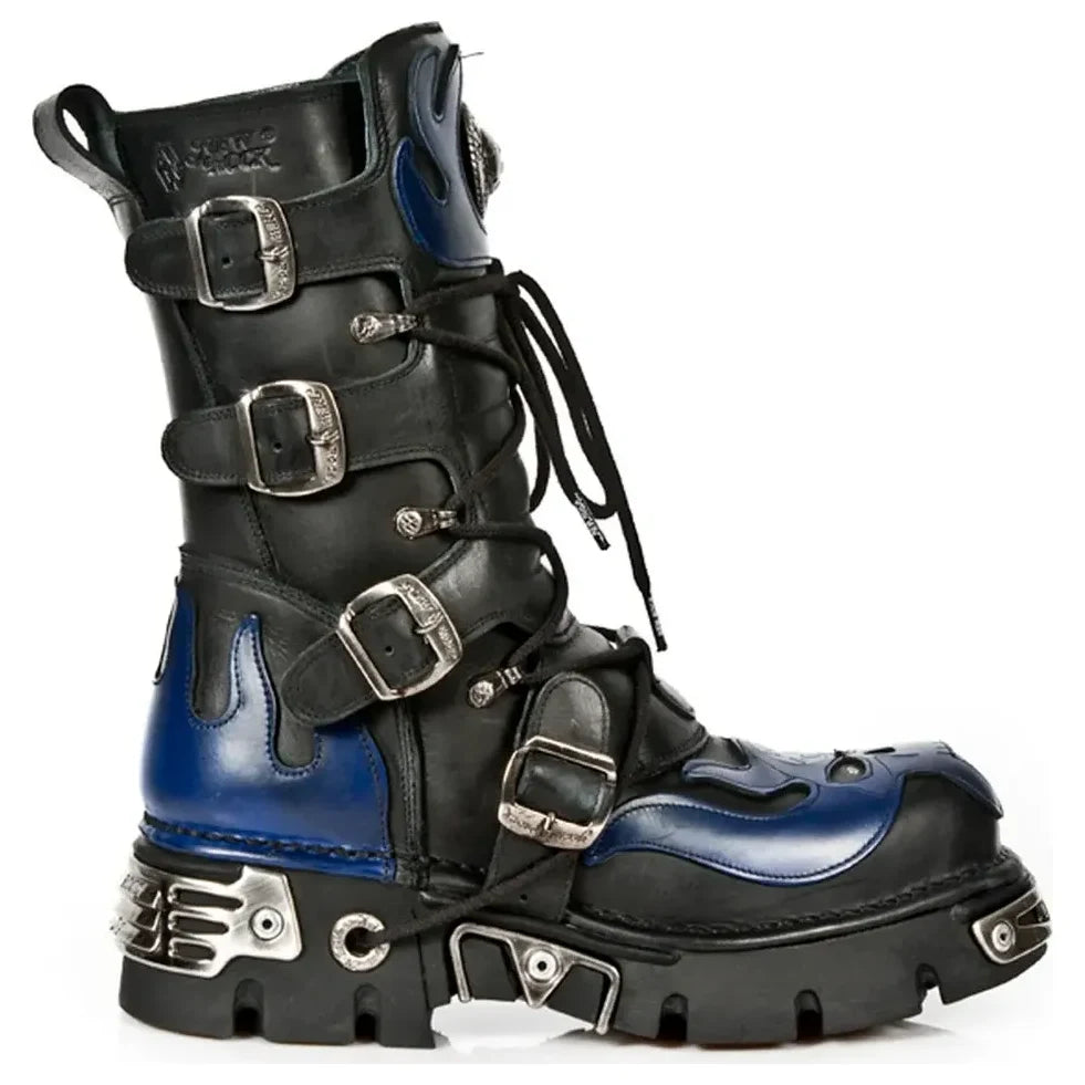 New Rock 107-C5 Unisex Skull Black Blue Lace Up Boots