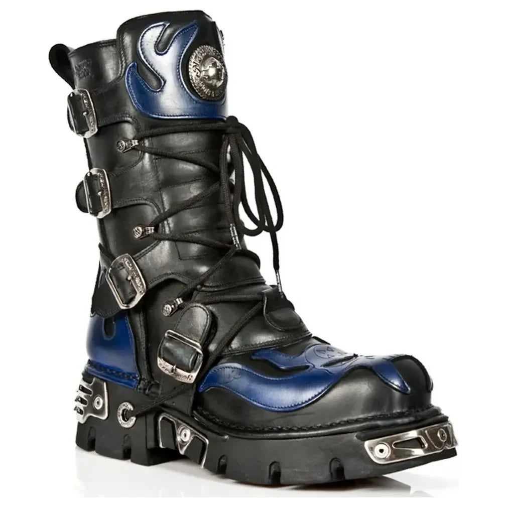New Rock 107-C5 Unisex Skull Black Blue Lace Up Boots
