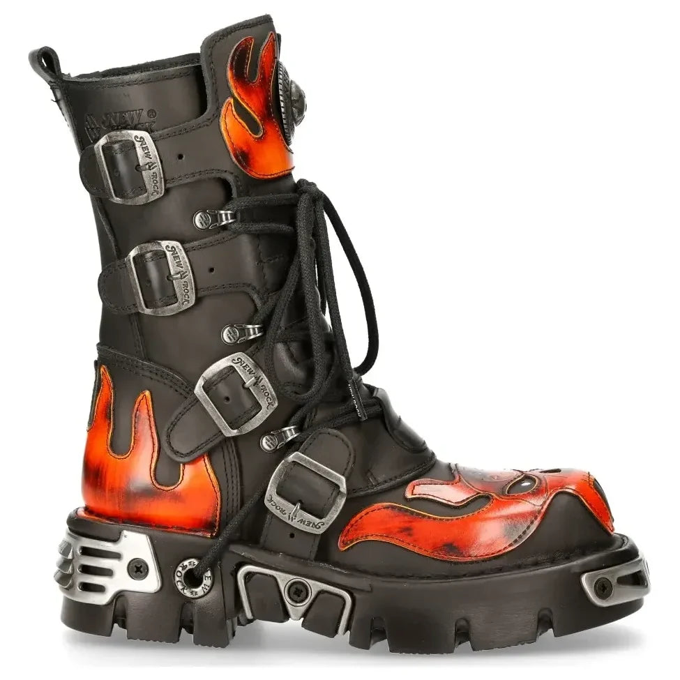 Men's New Rock 107-S1 Red and Black Skull Goth Lace Up Boots