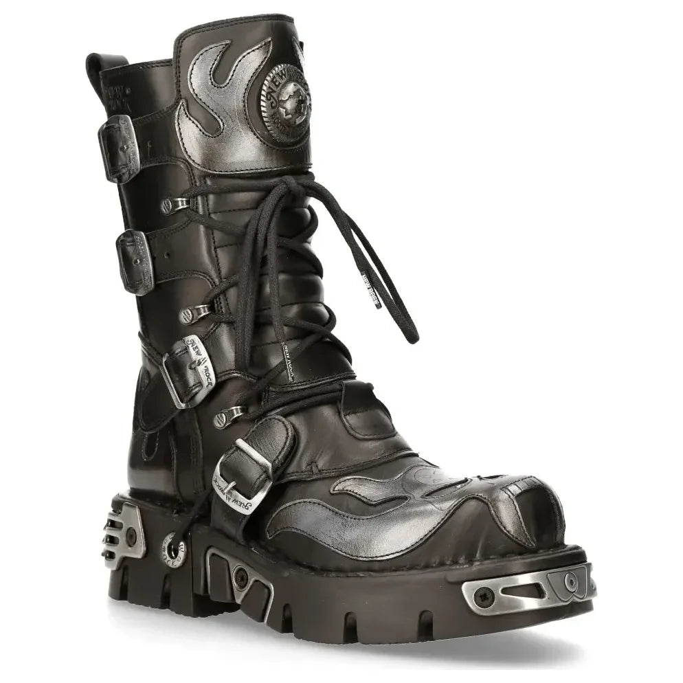 Men's New Rock 107-S2 Black Silver Flame Gothic Boots