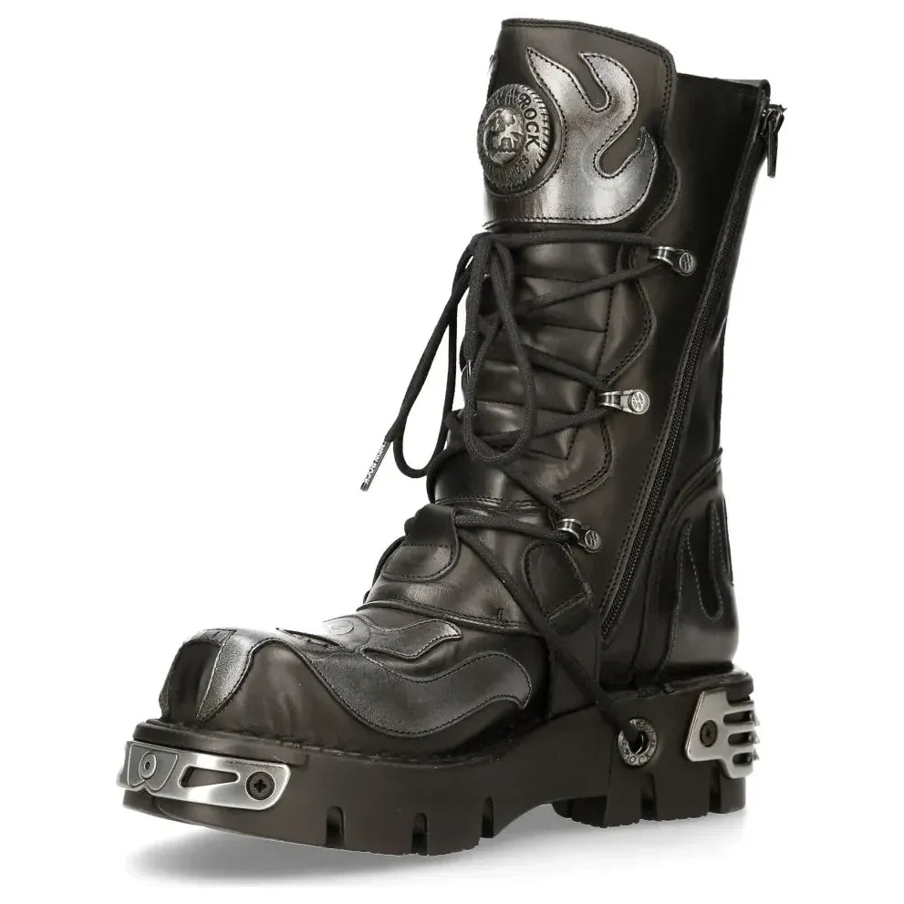 Men's New Rock 107-S2 Black Silver Flame Gothic Boots