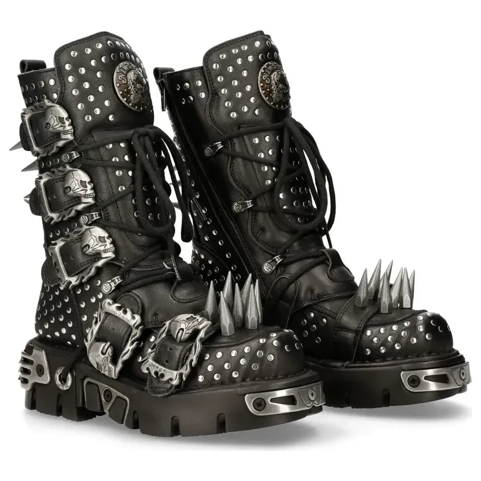 Men's New Rock 1535-S1 Black Punk High Boots With Metal Spikes