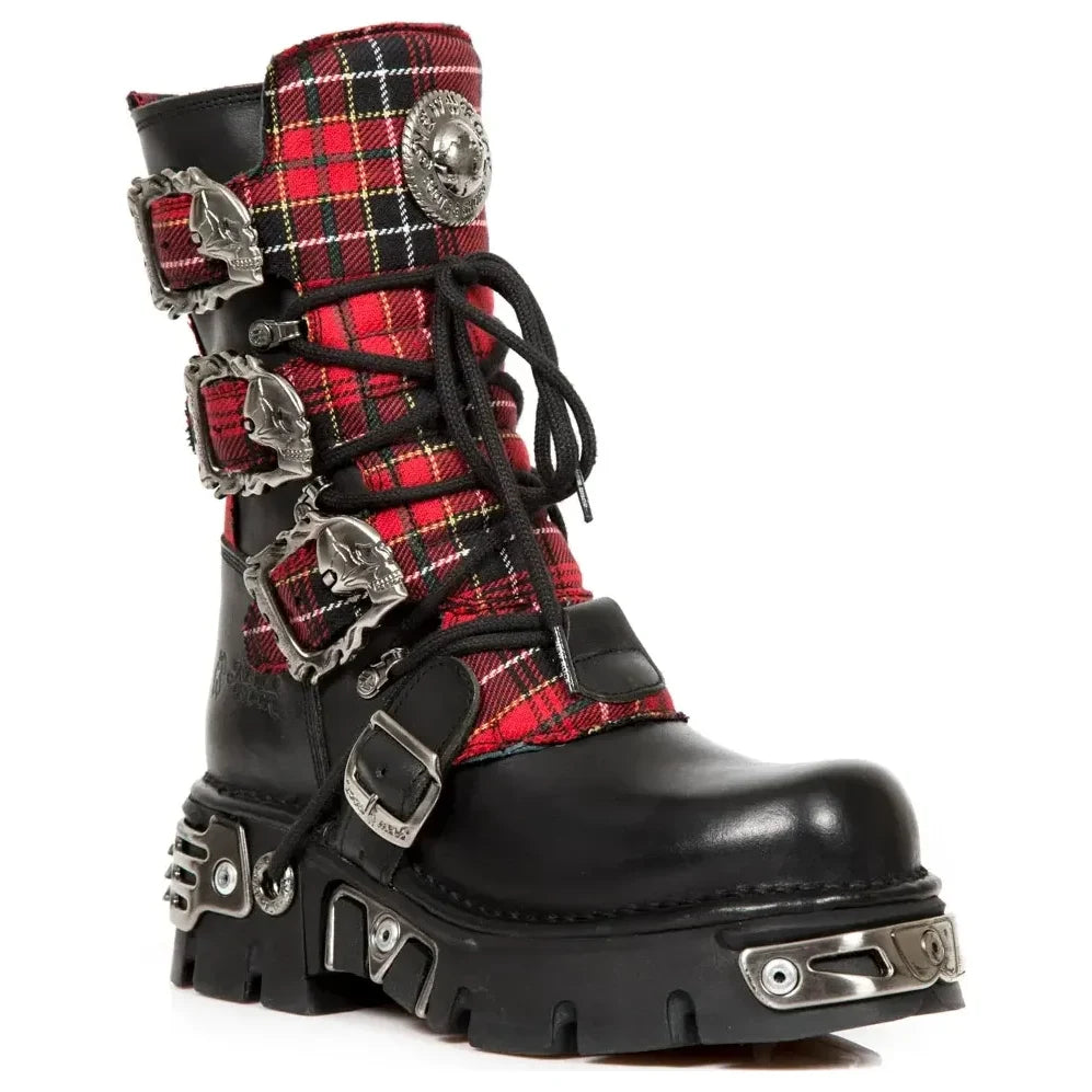 Men's New Rock 391T-S1 Black Leather Tartan Gothic Boots