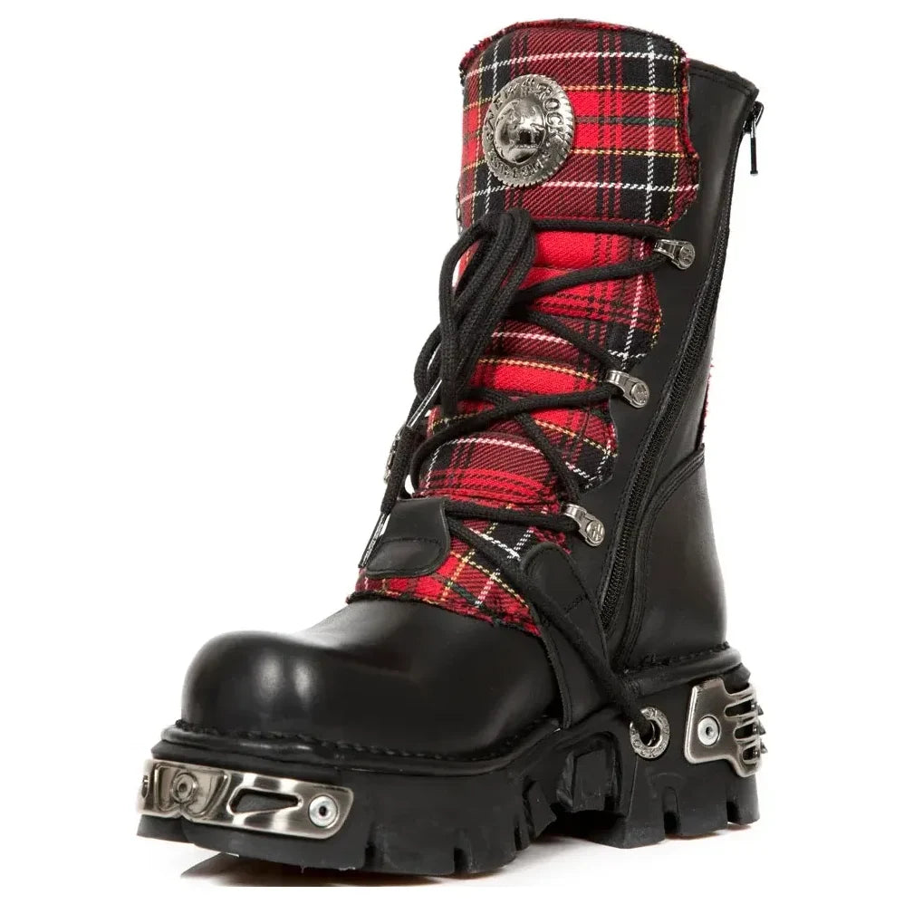 Men's New Rock 391T-S1 Black Leather Tartan Gothic Boots