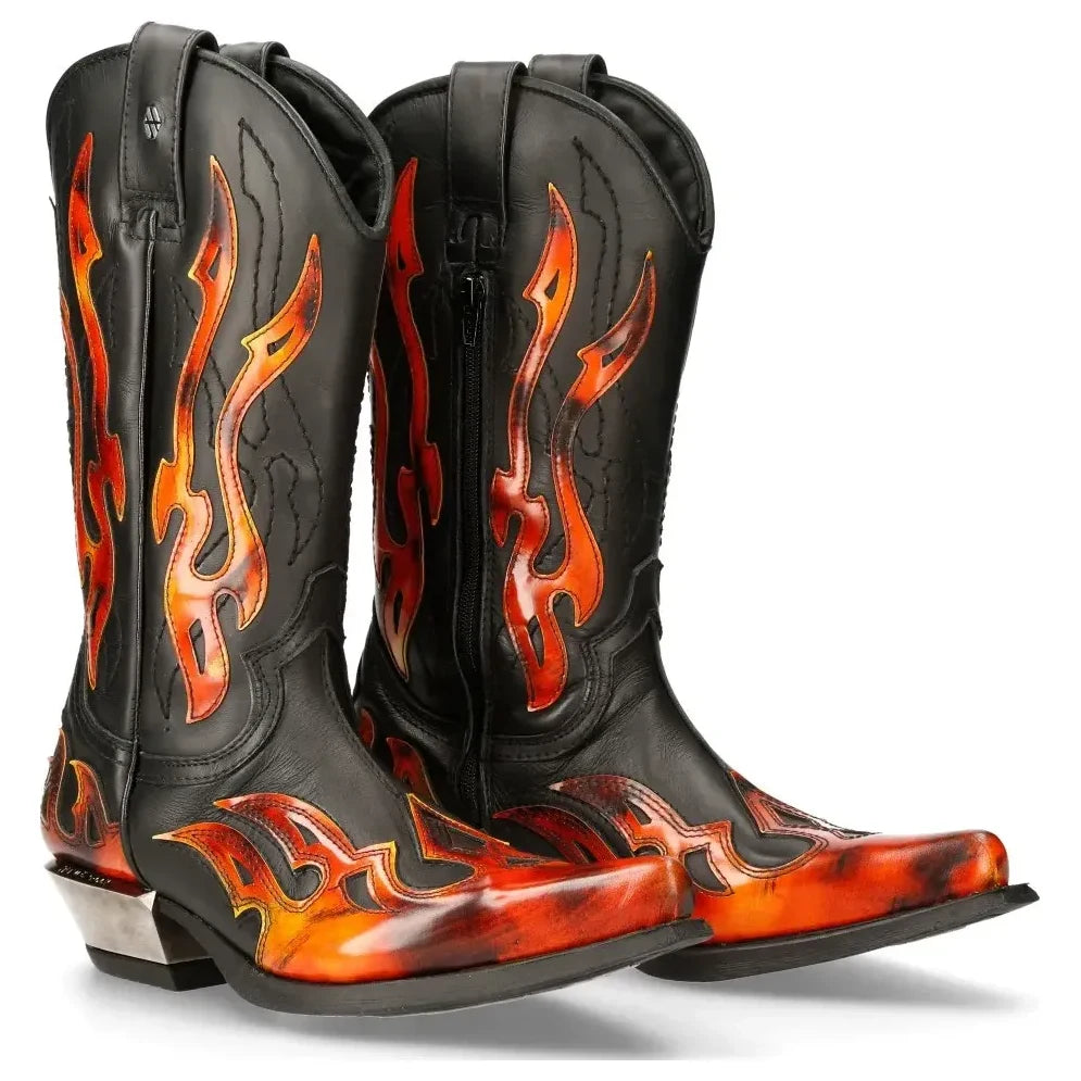 New Rock 7921-S2 Unisex West Black Red Cowboy Leather Boots