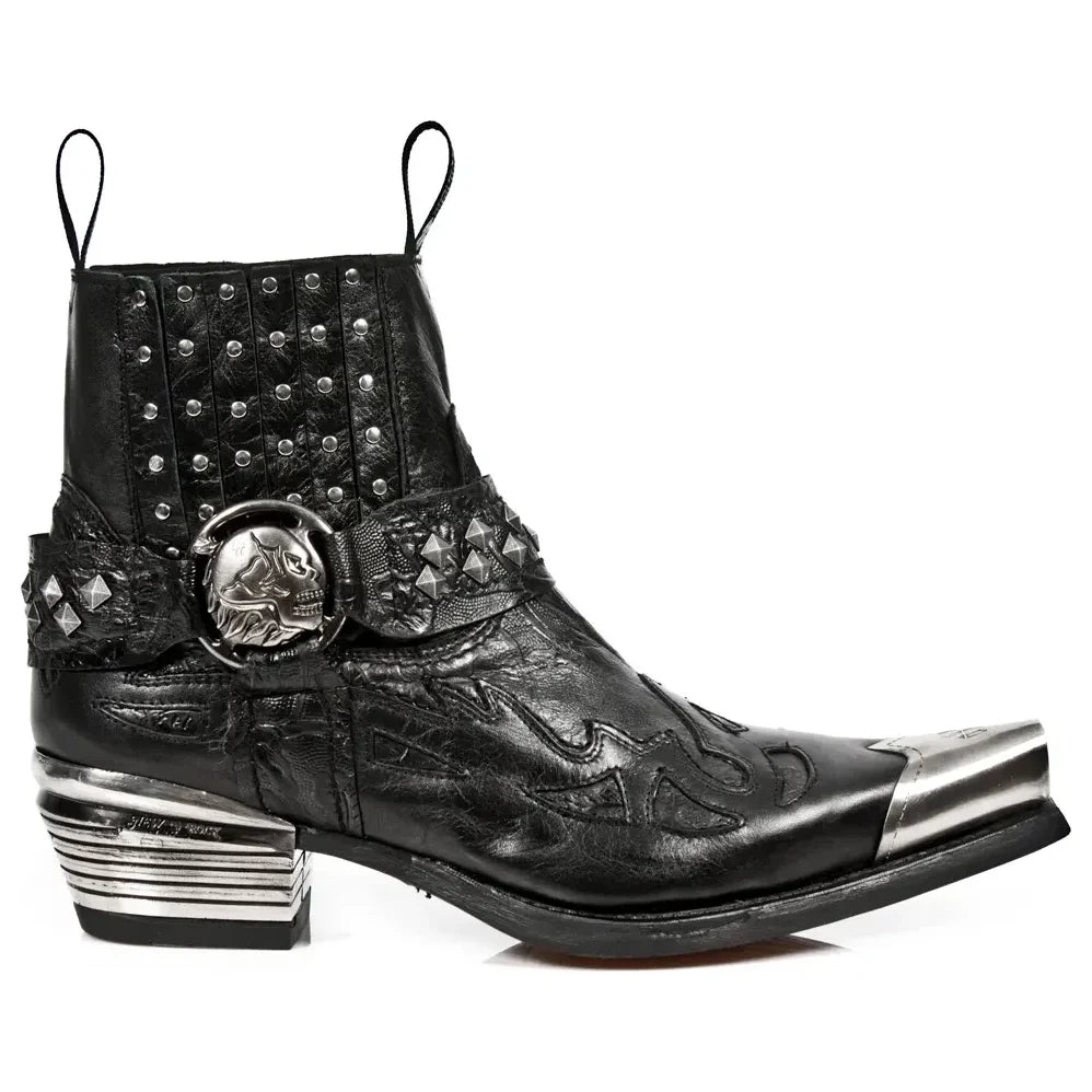 Men's New Rock 7950P-S1 Black Cowboy Metal Toe Boots