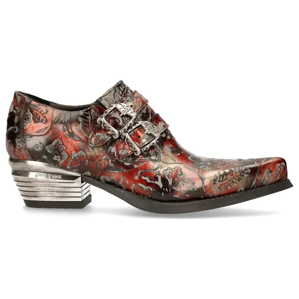 Men's New Rock 7960-S5 Black Red Flower Leather Paisley Shoes