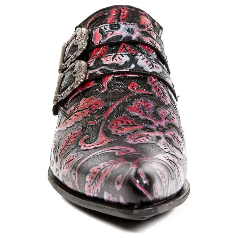 Men's New Rock 7960-s6 Embossed Black Red Steel Buckle Shoes