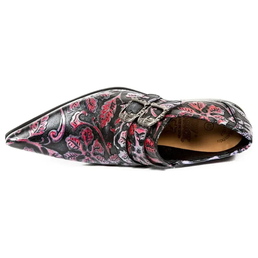 Men's New Rock 7960-s6 Embossed Black Red Steel Buckle Shoes