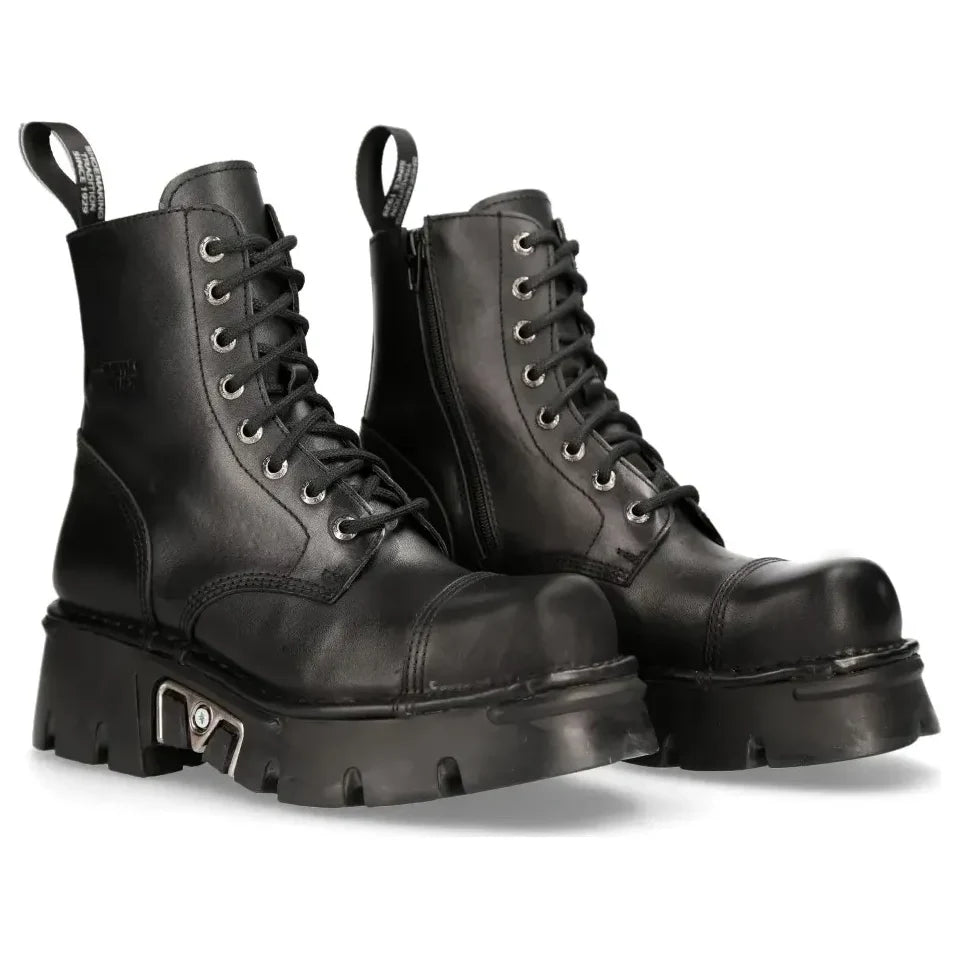 Men's New Rock M-NewMILI083-S19 Combat Boots Black Leather