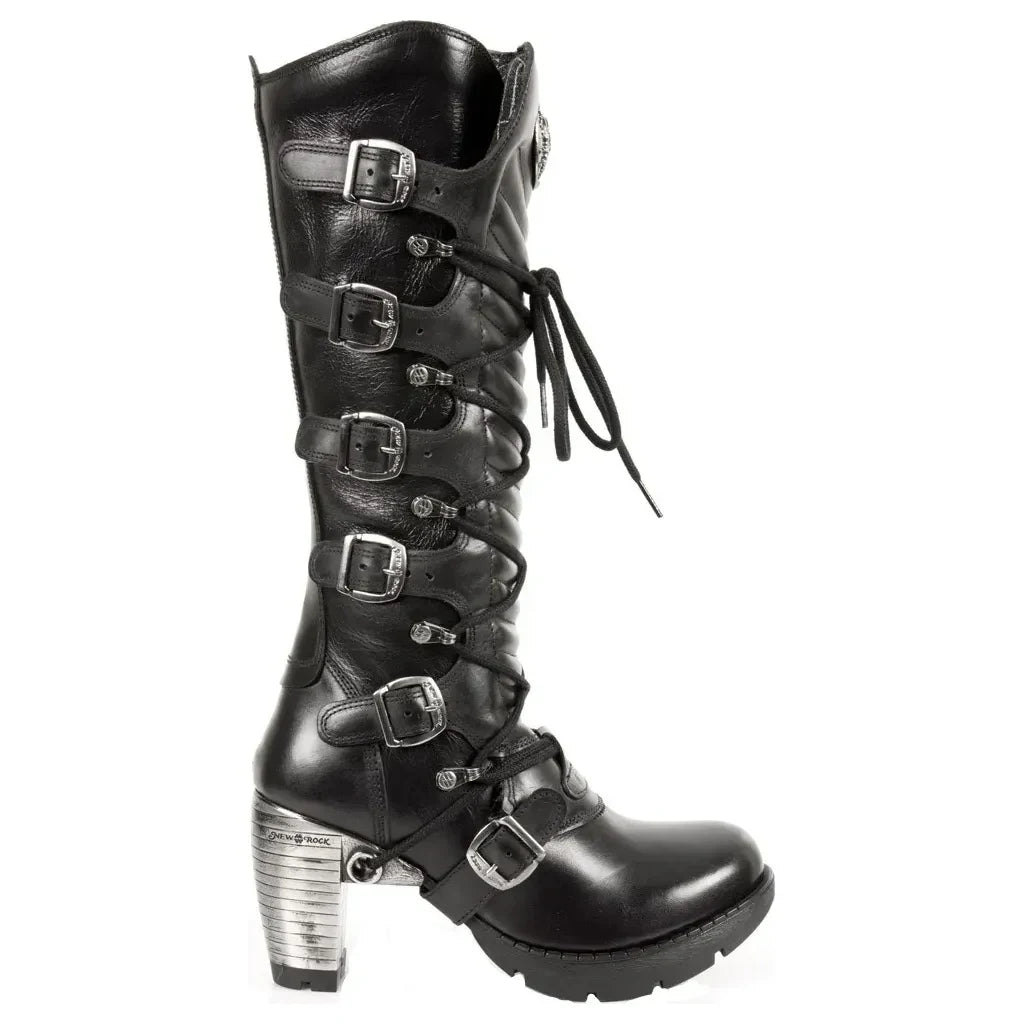 New Rock TR004-S1 Women's Black Leather Knee High Boots