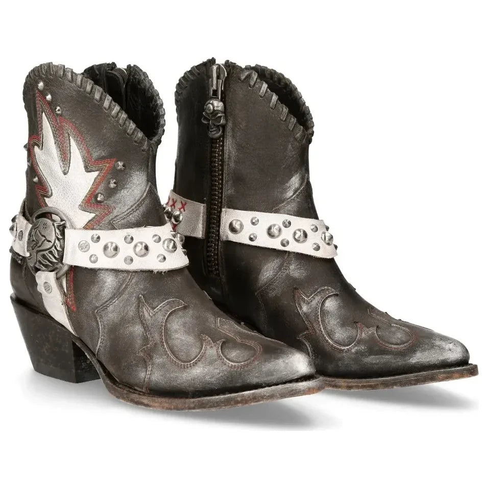 Women's New Rock WSTM004-S2 Grey White Leather Cowboy Western Boots
