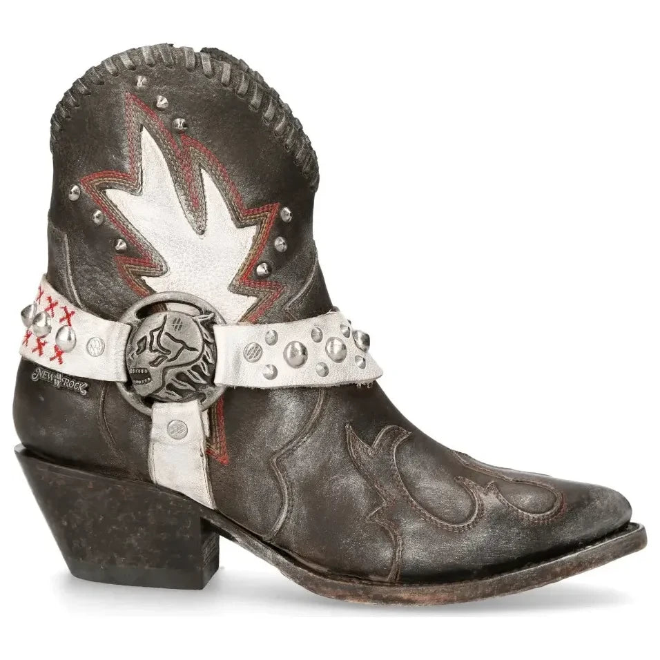 Women's New Rock WSTM004-S2 Grey White Leather Cowboy Western Boots