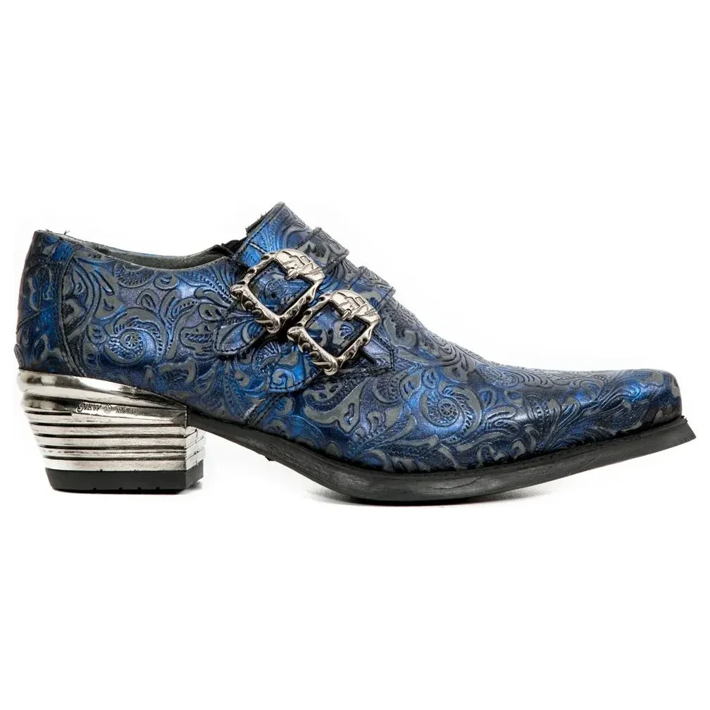 Men's New Rock 7960-s7 Embossed Blue Leather Steel Buckle Shoes