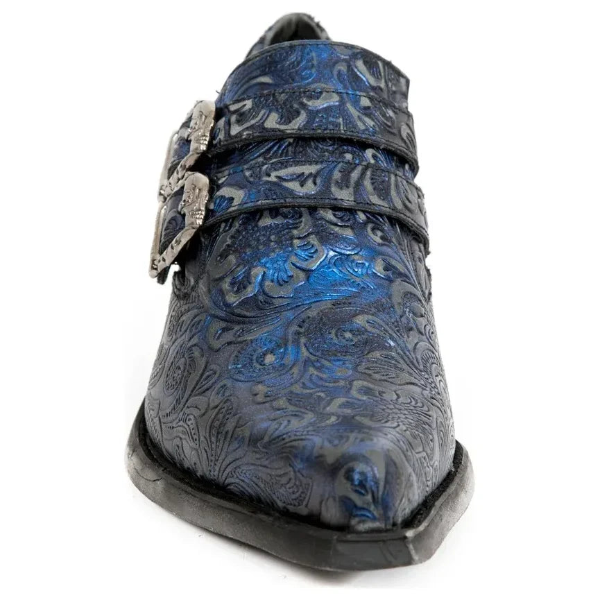 Men's New Rock 7960-s7 Embossed Blue Leather Steel Buckle Shoes