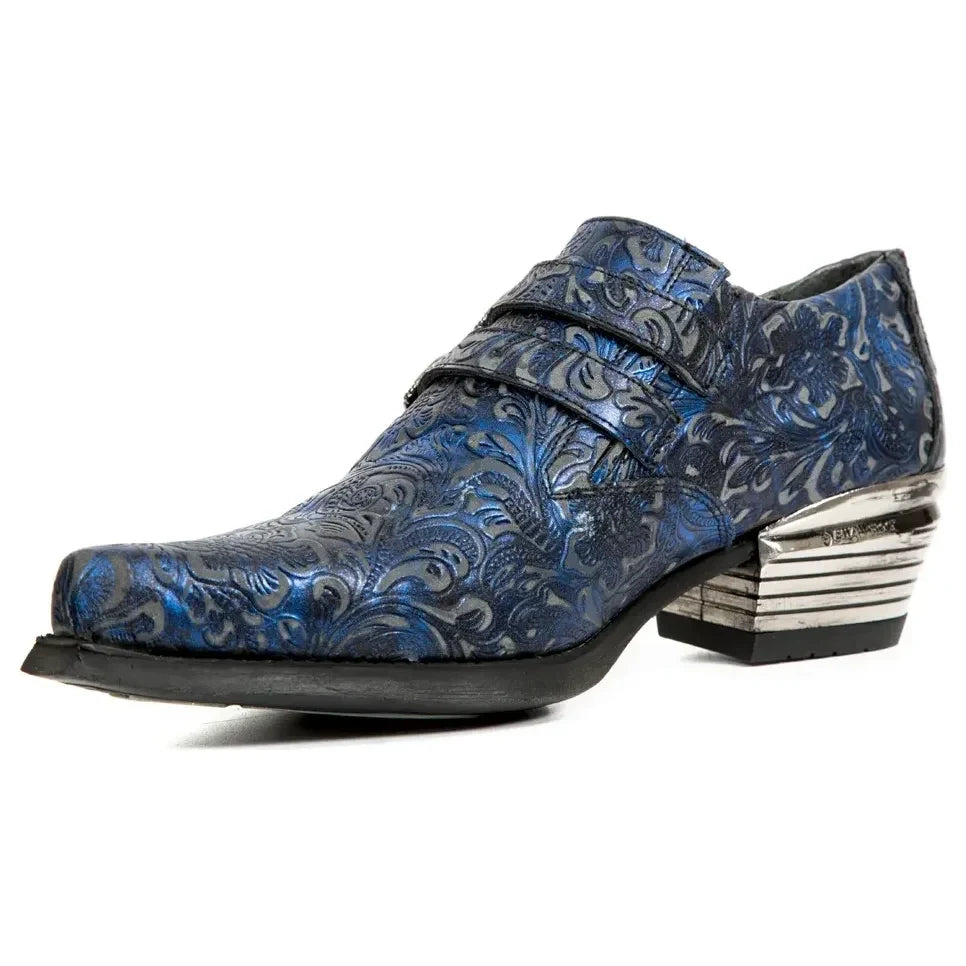 Men's New Rock 7960-s7 Embossed Blue Leather Steel Buckle Shoes