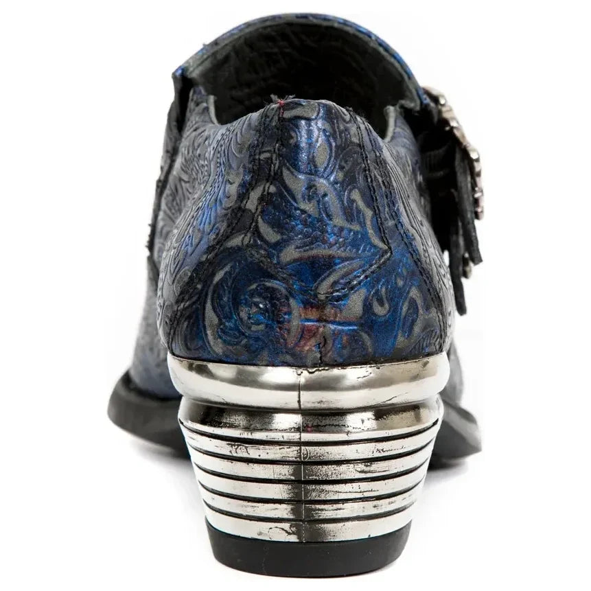 Men's New Rock 7960-s7 Embossed Blue Leather Steel Buckle Shoes