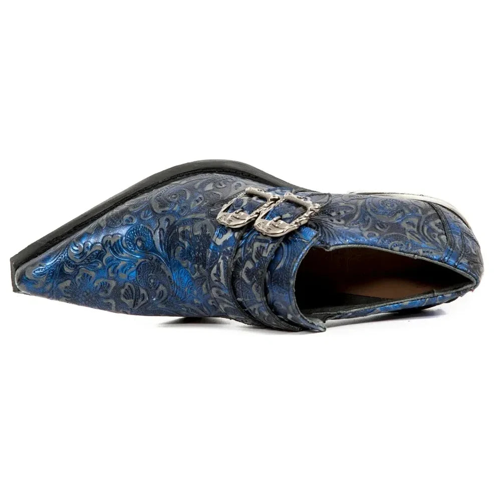 Men's New Rock 7960-s7 Embossed Blue Leather Steel Buckle Shoes