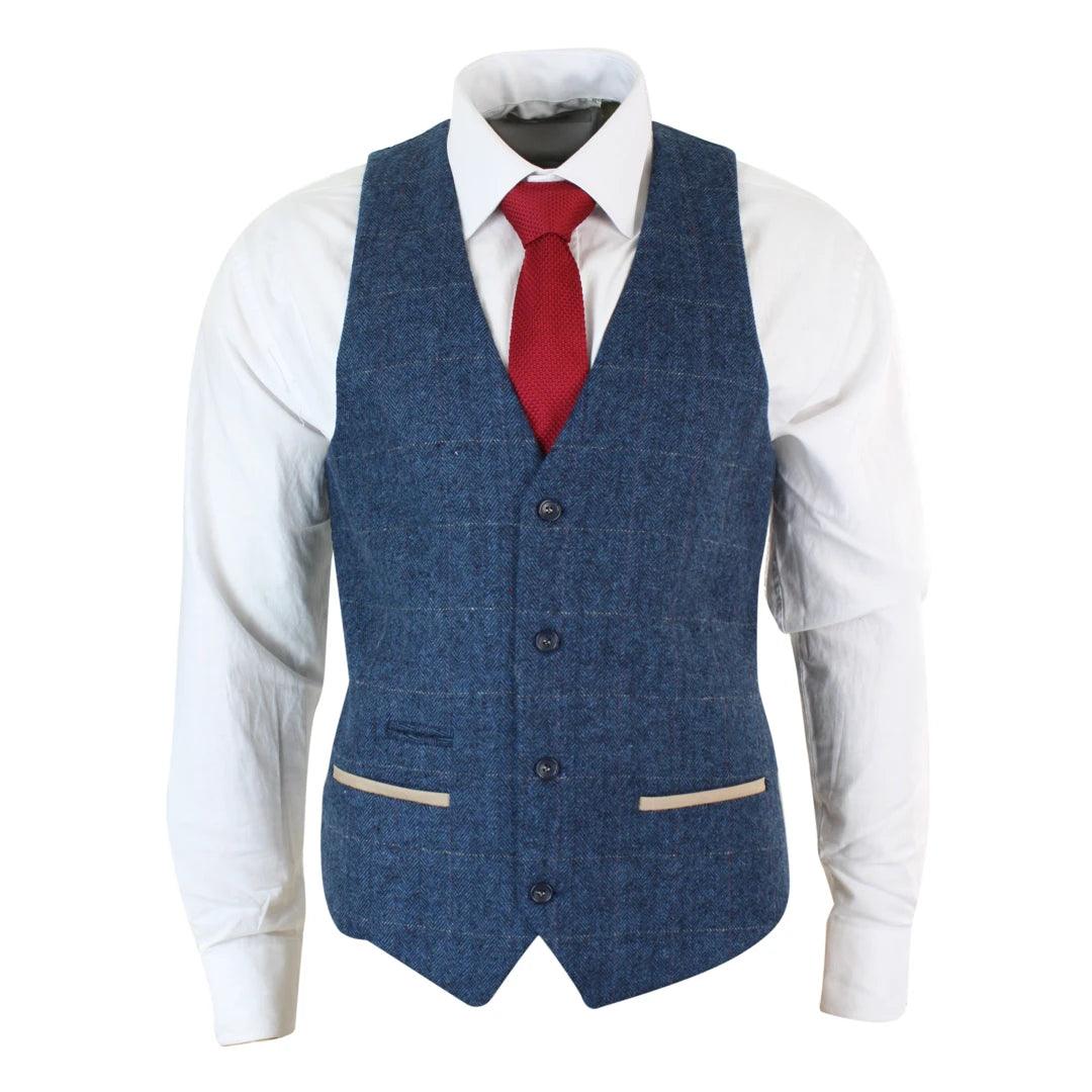 Mens Herringbone Tweed Vintage Check Waistcoat Velvet Trim Blue Brown Grey - Knighthood Store