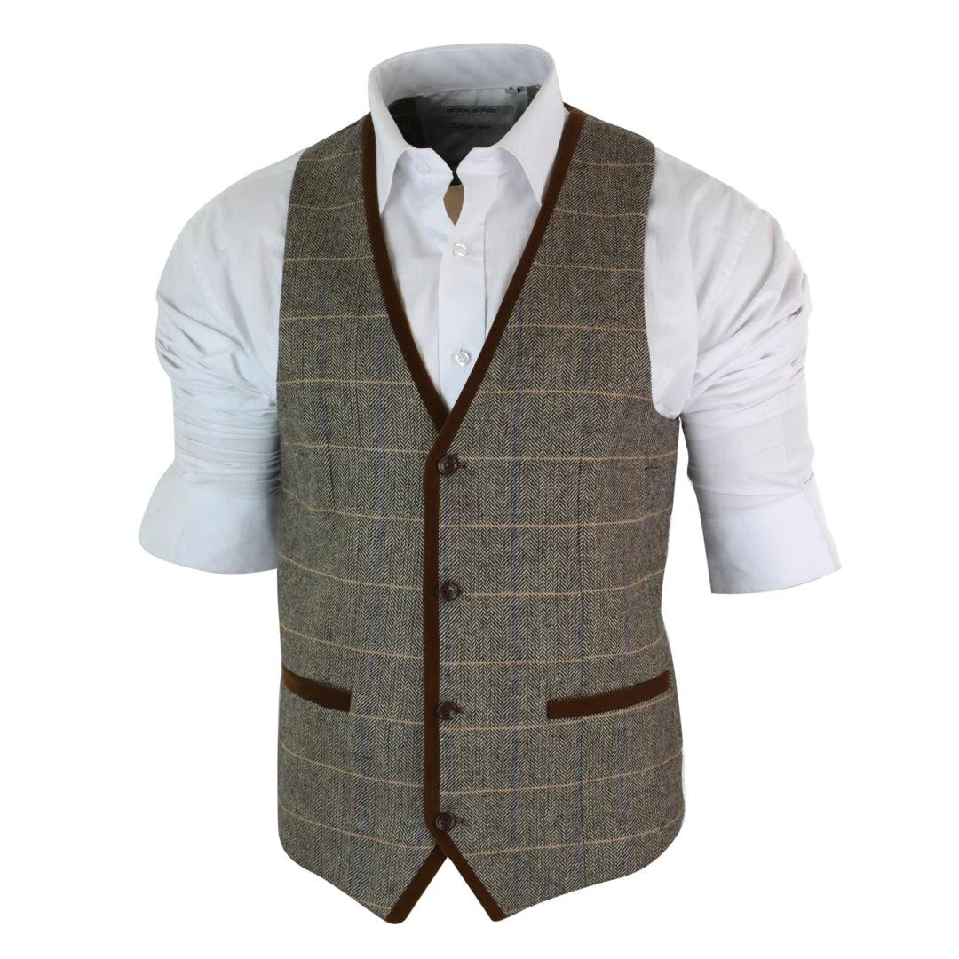 Mens Herringbone Tweed Vintage Check Waistcoat Velvet Trim Blue Brown Grey - Knighthood Store