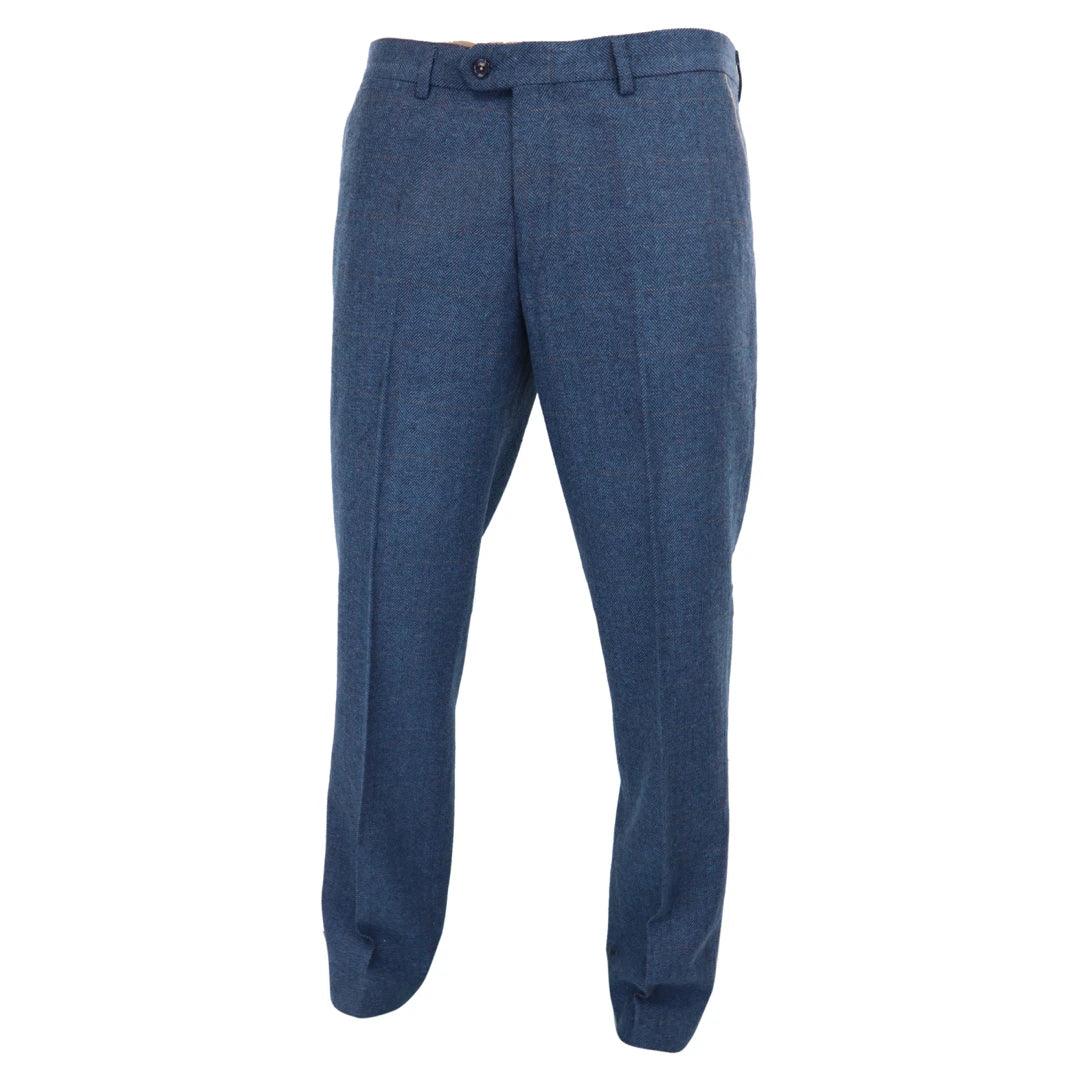 Mens Blue Trousers Herringbone Tweed Check Vintage Tailored Fit Suit - Knighthood Store