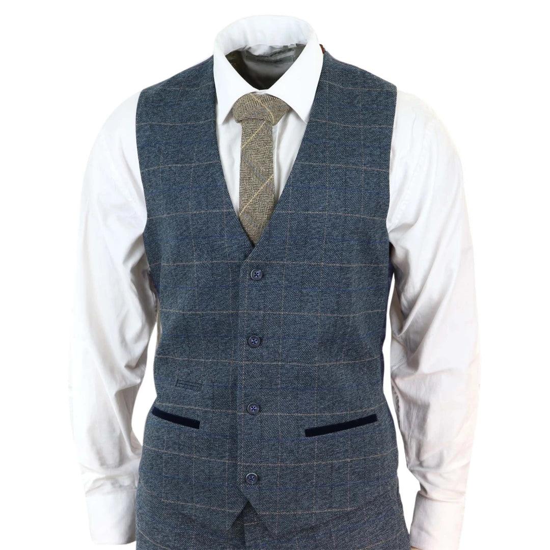 Mens Slim Fit Check Blue Scott Wistcoat Smart Casual Tweed Tan Check Navy - Knighthood Store