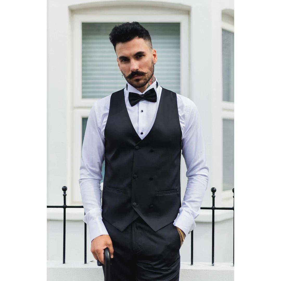 Mens Black Satin Double Breasted Waistcoat Black Tie Dinner Suit Vest Tailored Fit - Knighthood Store