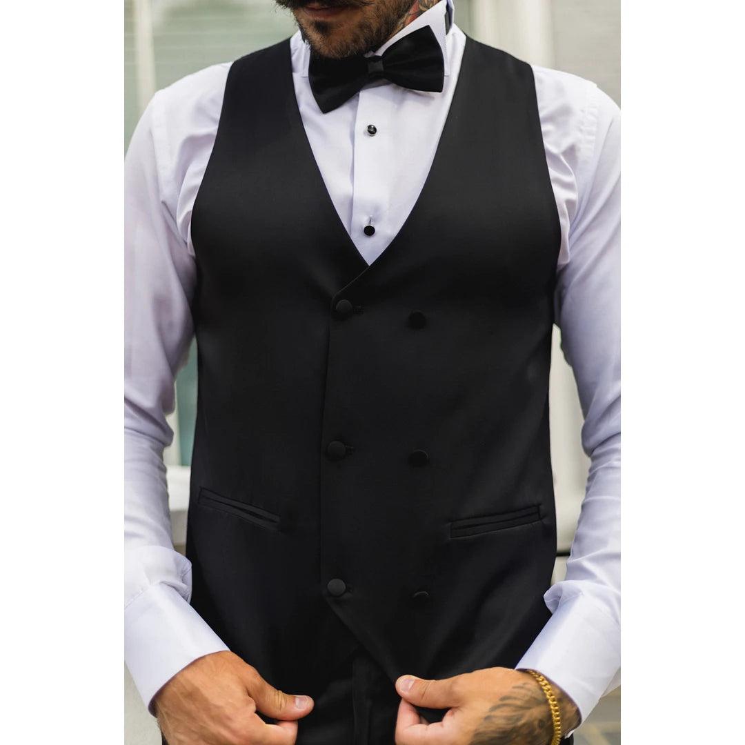 Mens Black Satin Double Breasted Waistcoat Black Tie Dinner Suit Vest Tailored Fit