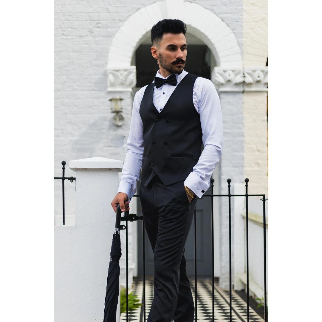 Mens Black Satin Double Breasted Waistcoat Black Tie Dinner Suit Vest