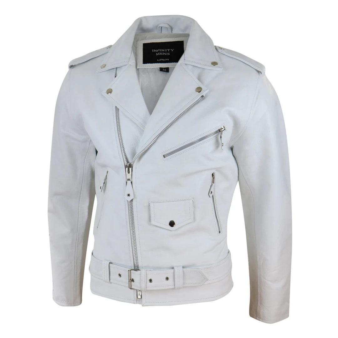 Mens Real Leather Biker Jacket Cross Zip Brando White Hide Grease Classic - Knighthood Store