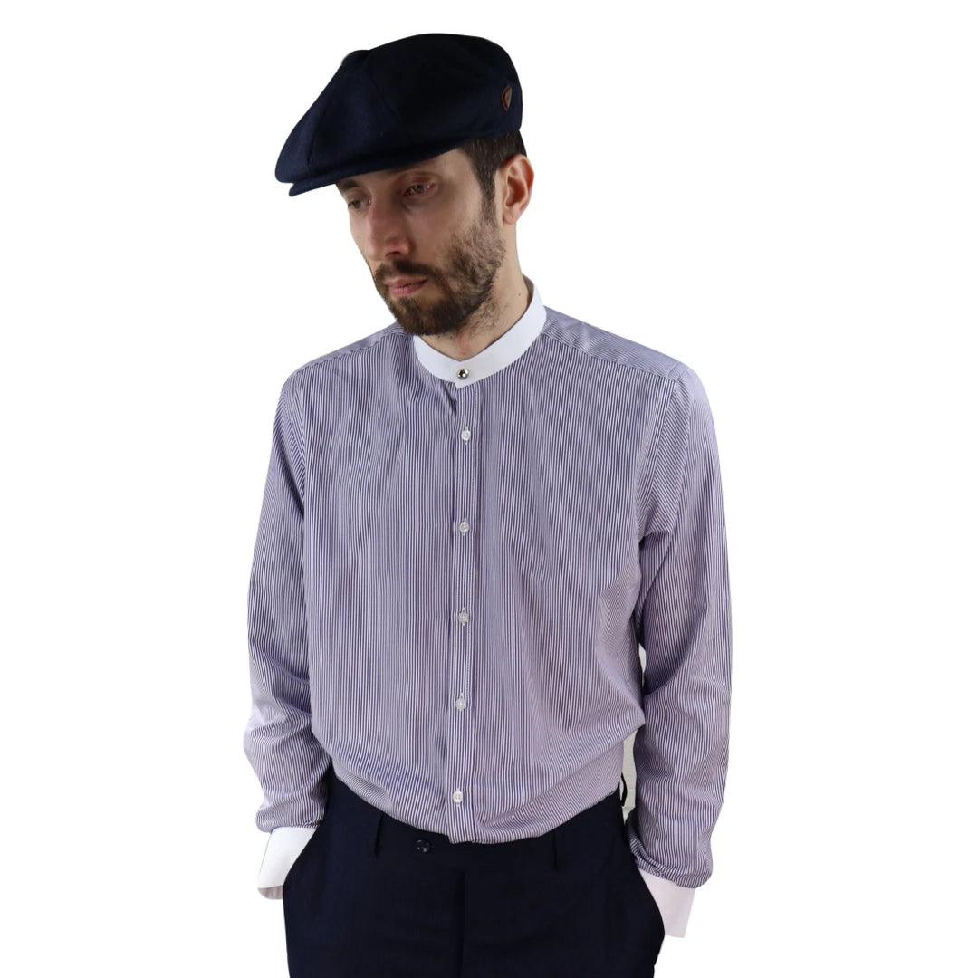 Mens Retro 1920s Shirt Vintage Classic Removable Collar Stripe Grandad Nehru Shelby Penny Button - Knighthood Store