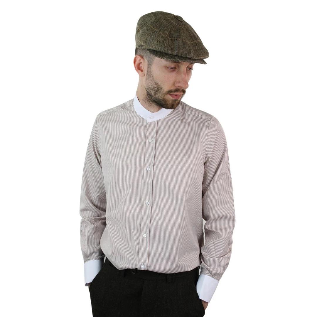 Mens Retro 1920s Shirt Vintage Classic Removable Collar Stripe Grandad Nehru Shelby Penny Button - Knighthood Store