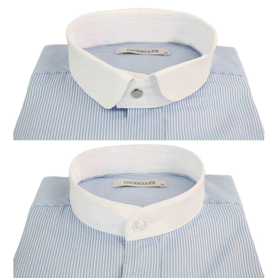Mens Retro 1920s Shirt Vintage Classic Removable Collar Stripe Grandad Nehru Shelby Penny Button - Knighthood Store
