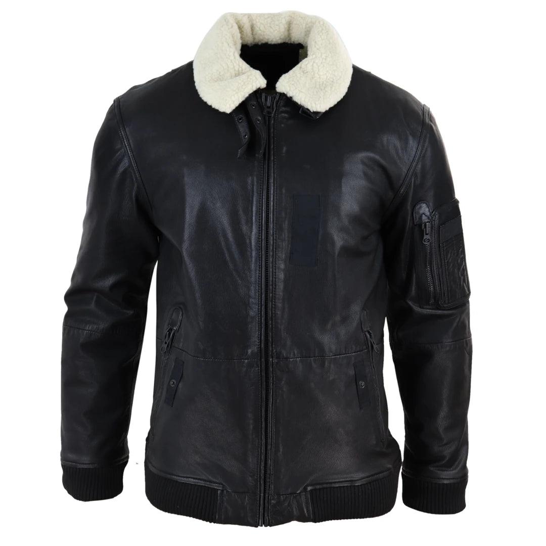 Mens Vintage Real Leather Jacket Washed Bomber Air Force Pilot Fur Collar Casual - Knighthood Store