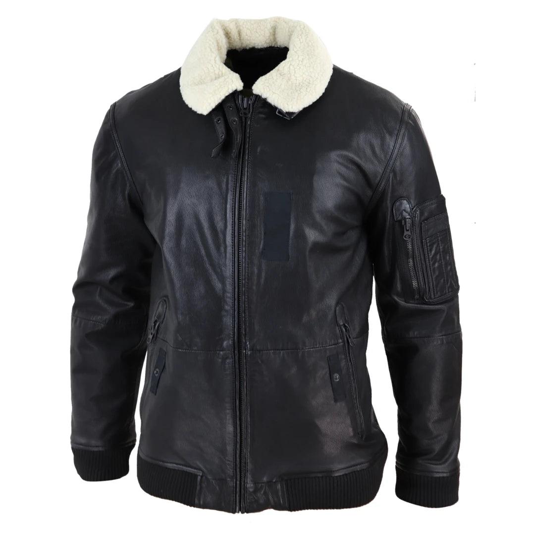 Mens Vintage Real Leather Jacket Washed Bomber Air Force Pilot Fur Collar Casual - Knighthood Store