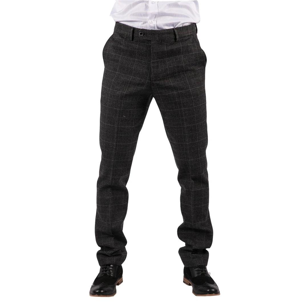 Mens Black Tweed Trousers Check Vintage 1920s Gatsby Blinders Tailored Fit Grey Blue - Knighthood Store