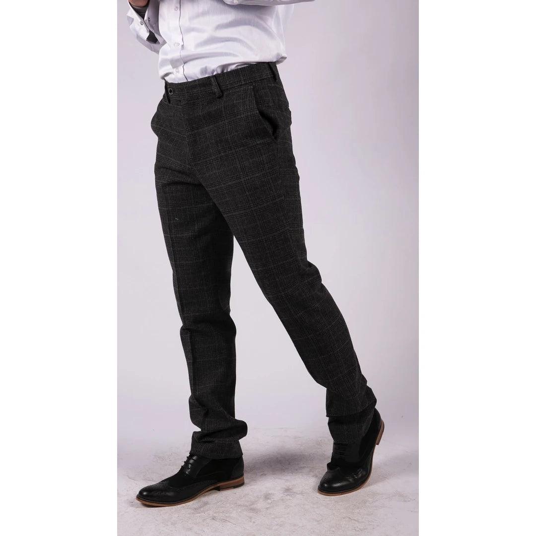 Mens Black Tweed Trousers Check Vintage 1920s Gatsby Blinders Tailored Fit Grey Blue - Knighthood Store