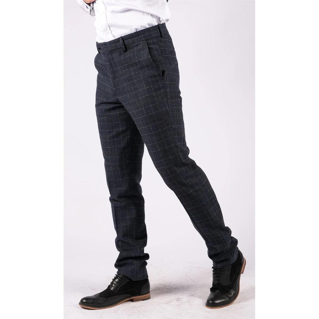 Mens Black Tweed Trousers Check Vintage 1920s Gatsby Blinders Tailored Fit Grey Blue - Knighthood Store