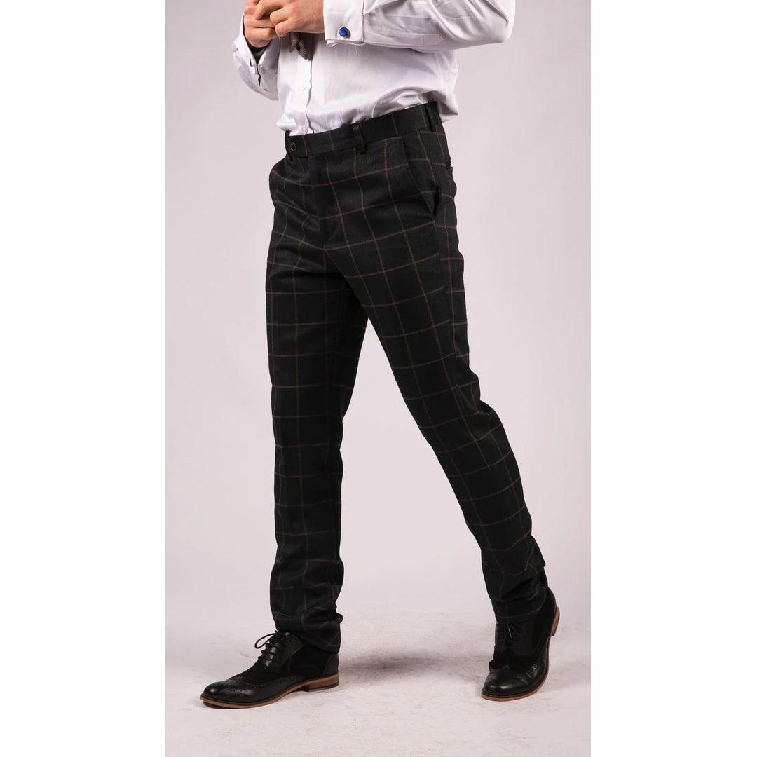 Mens Black Tweed Trousers Check Vintage 1920s Gatsby Blinders Tailored Fit Grey Blue - Knighthood Store