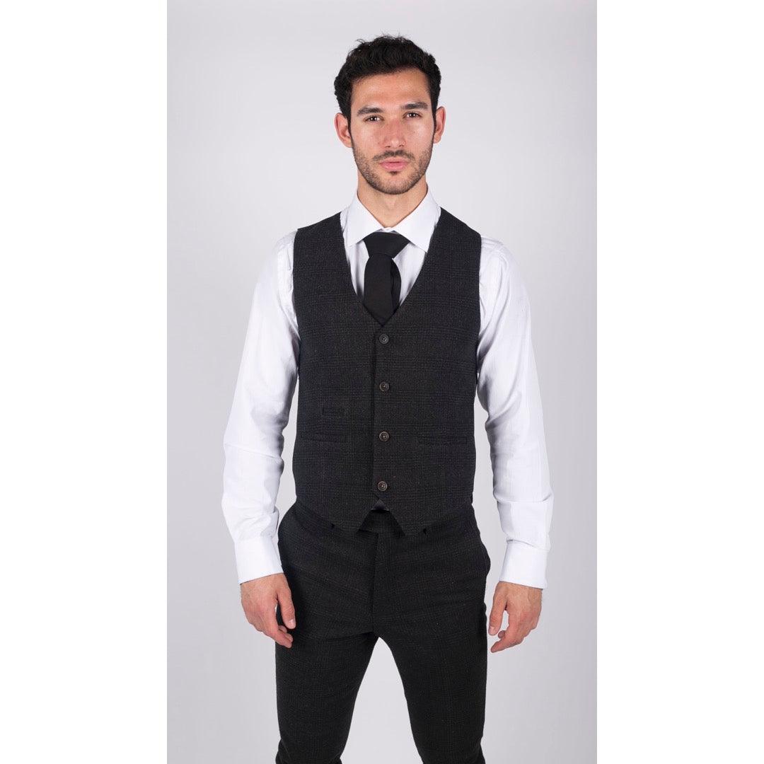 Mens Classic Waistcoat Prince Of Wales Check Black Slim Fit Vintage Wedding - Knighthood Store