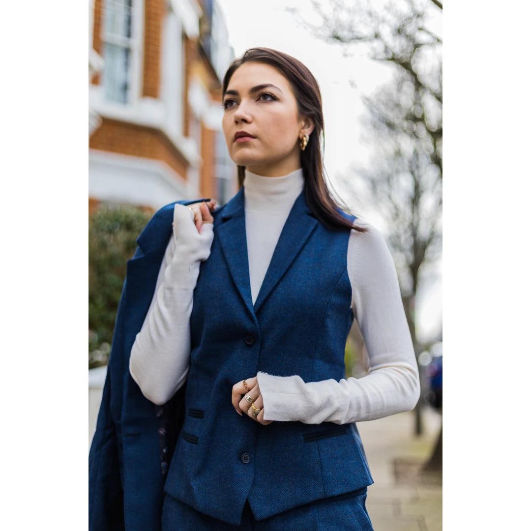 Womens Tweed Herringbone Blazer Jacket Waistcoat Navy Blue 1920s Vinta