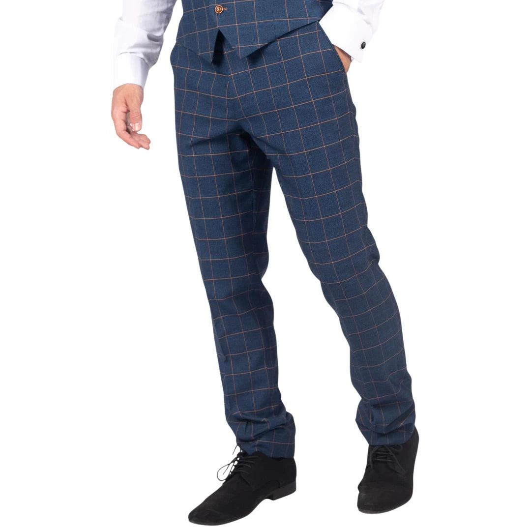 Mens Trousers Blue Orange Check Suit Retro Smart Tailored Fit Vintage - Knighthood Store