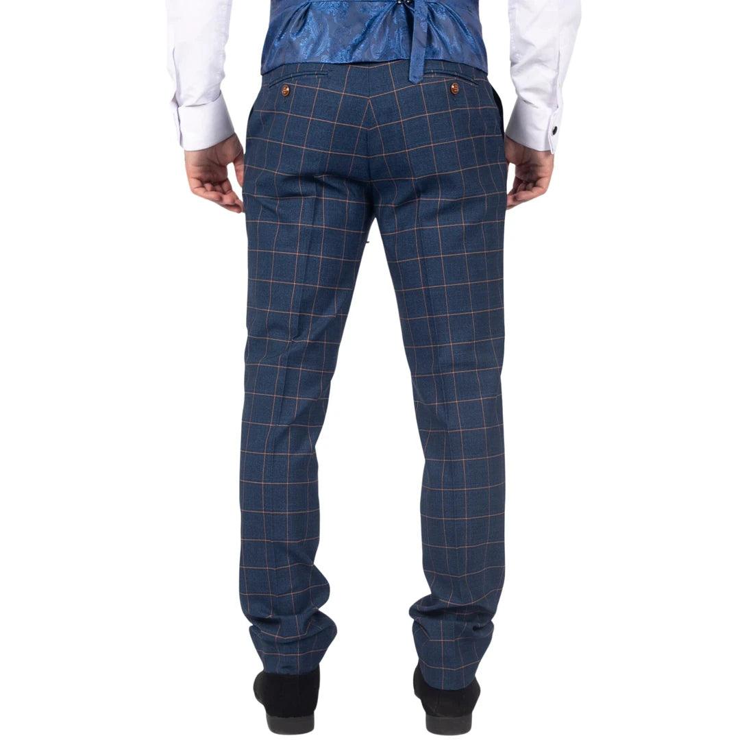 Mens Trousers Blue Orange Check Suit Retro Smart Tailored Fit Vintage - Knighthood Store
