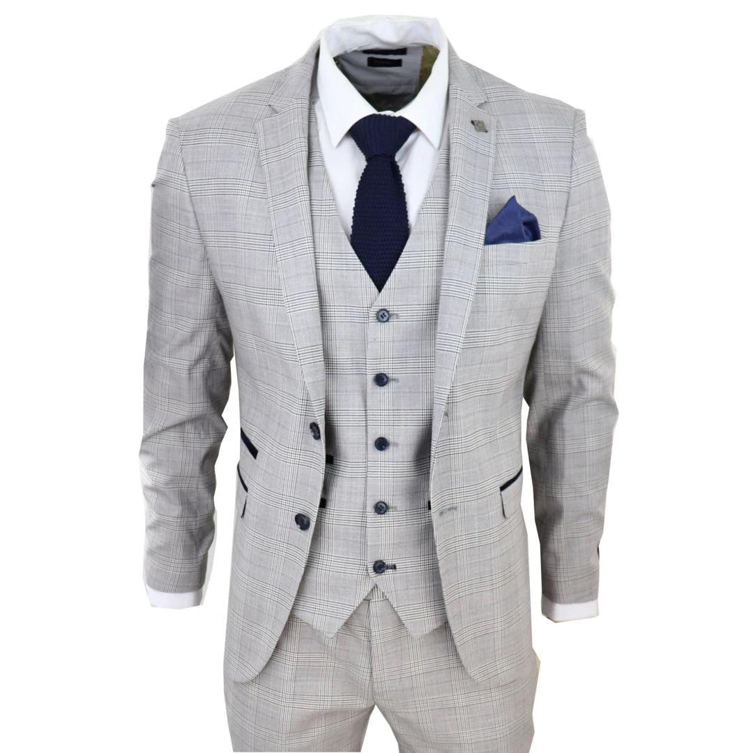 Mens Light Grey 3 Piece Suit Navy Blue Check Velvet Trims Wedding Tailored Fit Classic - Knighthood Store