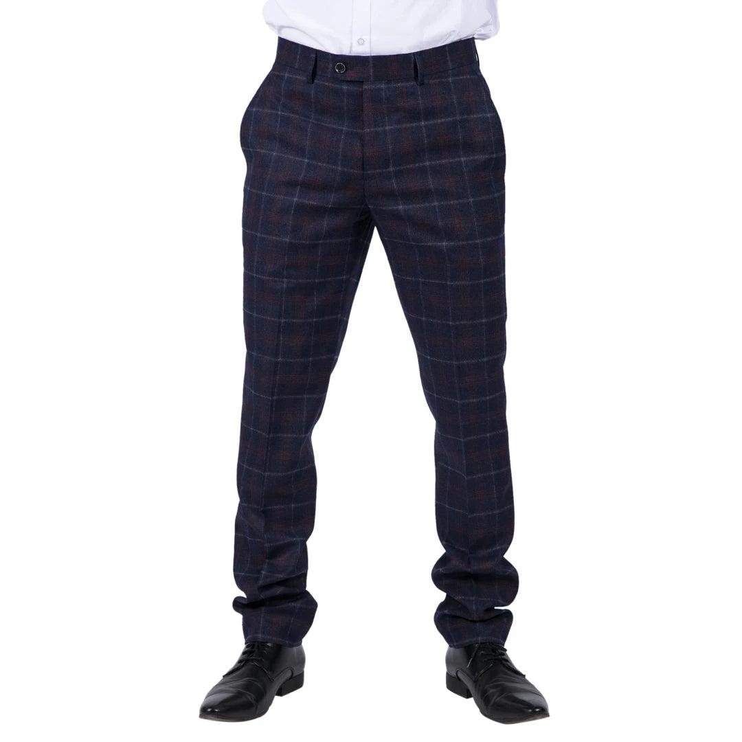 Mens Classic Trousers Tweed Check Retro 1920s Gatsby Blinders Blue Navy Wedding - Knighthood Store